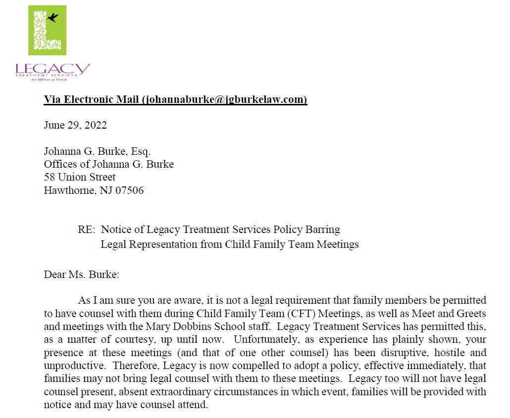 Legal letter from Legacy Treatment Services
