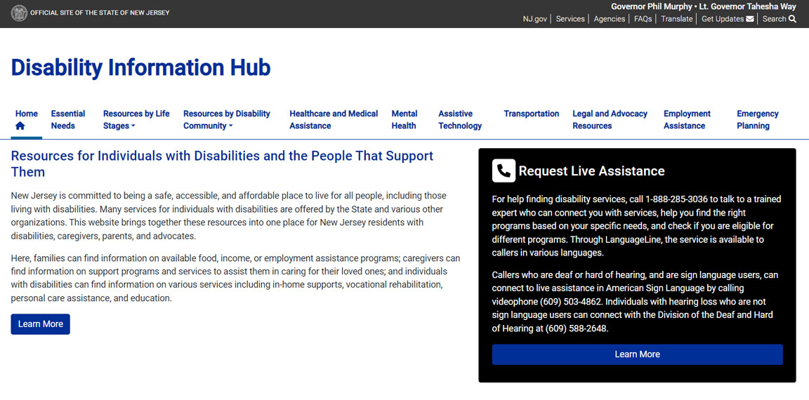 New Jersey disability information hub homepage